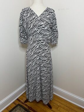 Faithfull The Brand Zebra Print Midi Dress L Puff Sleeve Rayon